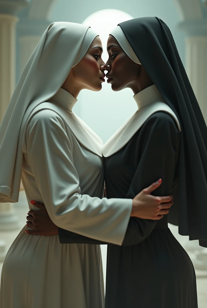 In 8K、Highest quality、Masterpiece、Ultra-high resolution、Photorealistic, ebony, nun, kissing,