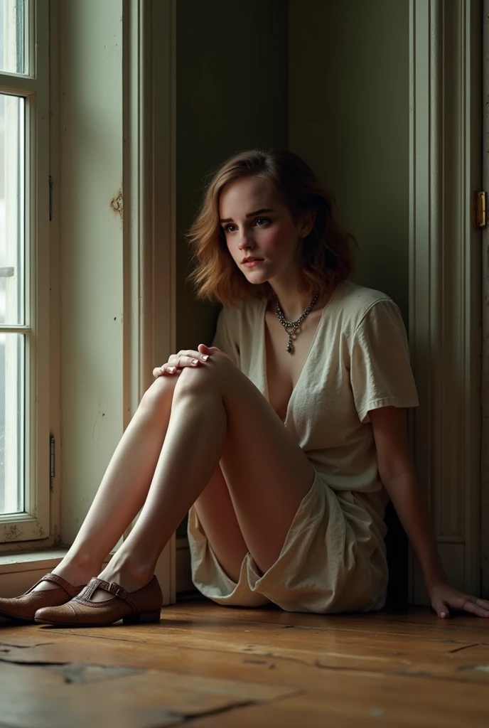 ((Emma Watson)), Long Hair, (Best quality, 4k, 8K, high resolution, Masterpiece: 1.2), Super detail, (realistic, photorealistic, photorealistic: 1.37), oil painting, bright colors, dark lighting, horror, mass abduction, forced collective sex, sexy sex slaves, slits, torn cloth, sexy beautiful girl helpless, struggling, seductive beauty, watery eyes, realistic bound hands and feet. Inside an abandoned tuff house, sassi_di_matera in the background, dusty atmosphere, begging for mercy, danger lurking, despair