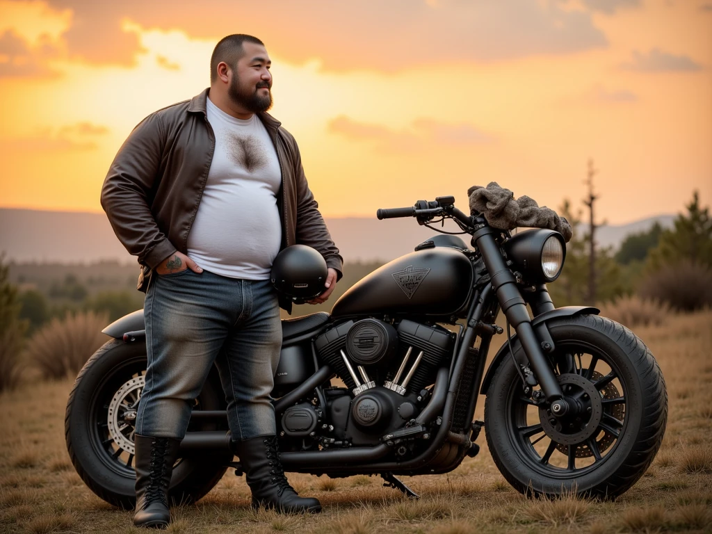 Just plump, chubby, extremely thick thighs, large belly, fat, long beard, huge long beard, full body tattoos full body photography full body image, They don't wear clothes, firing , naturists, just unbuttoned black leather biker jacket, Welcome to the world of Harley Bikers, where the culture of choppers and easy riders come together in a brotherhood of men who find their passion for motorcycles a form of freedom and personal expression