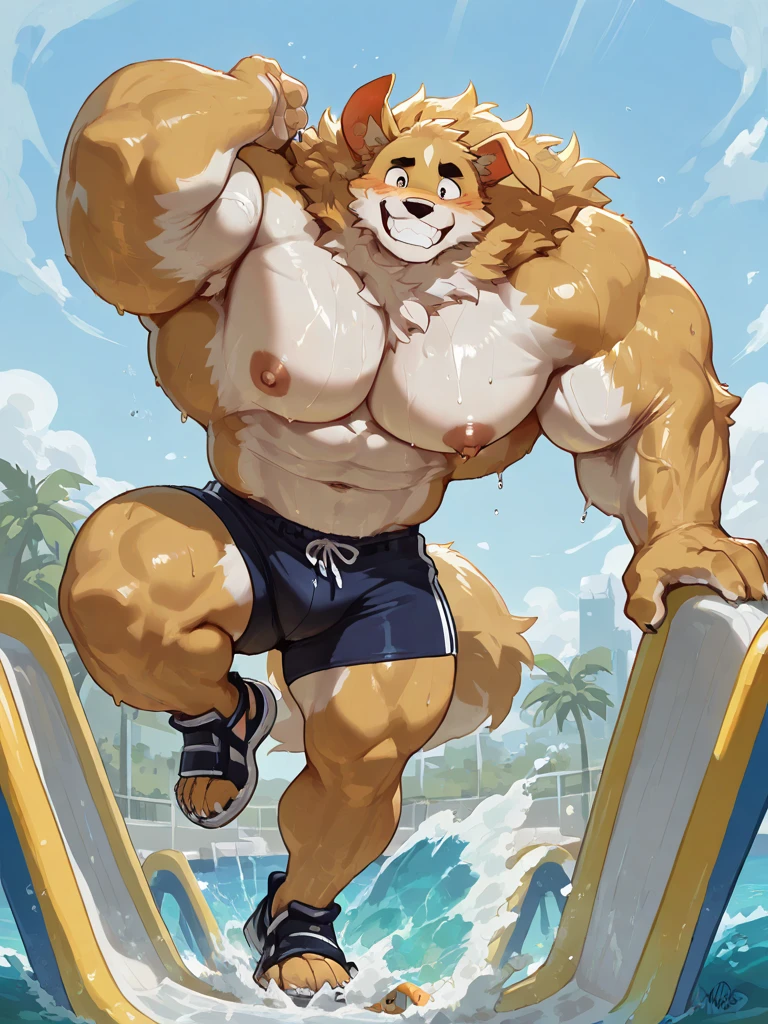 huge muscular old grizzly bear, sitting in pool , wearing baseball hat, black swim trunks, happy, pectoral, thick brown fur, thick arms, huge pectoral, hyper pectoral, extremely huge pectoral, wide pectoral, white hair, white beards, masterpiece, semirealistic:1.2, high detailed, 8k, high resolution, perfect center, full view. ((really big muscle, massive muscular, wide shoulders, six pack, thick arms, wide pectoral, super huge muscle, hyper muscular, over sized muscle, huge arms, big arms, huge pectoral))