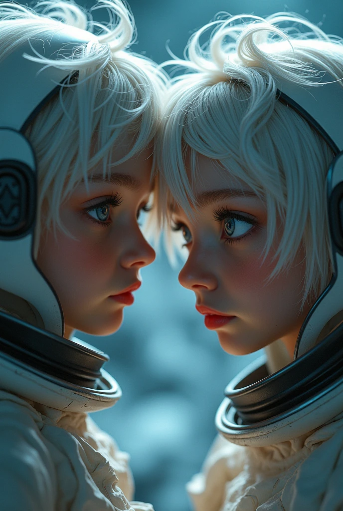 close-up of two children, looking at each other in space, Laszlo Balog, beautiful sci-fi twins, Alexander Kucharsky, beautiful gemini twins portrait, Twin souls, Ghost Kids, Beeple and Jeremiah Ketner, In the astral plane ) ) ), boy and girl, Geoffrey Boshart