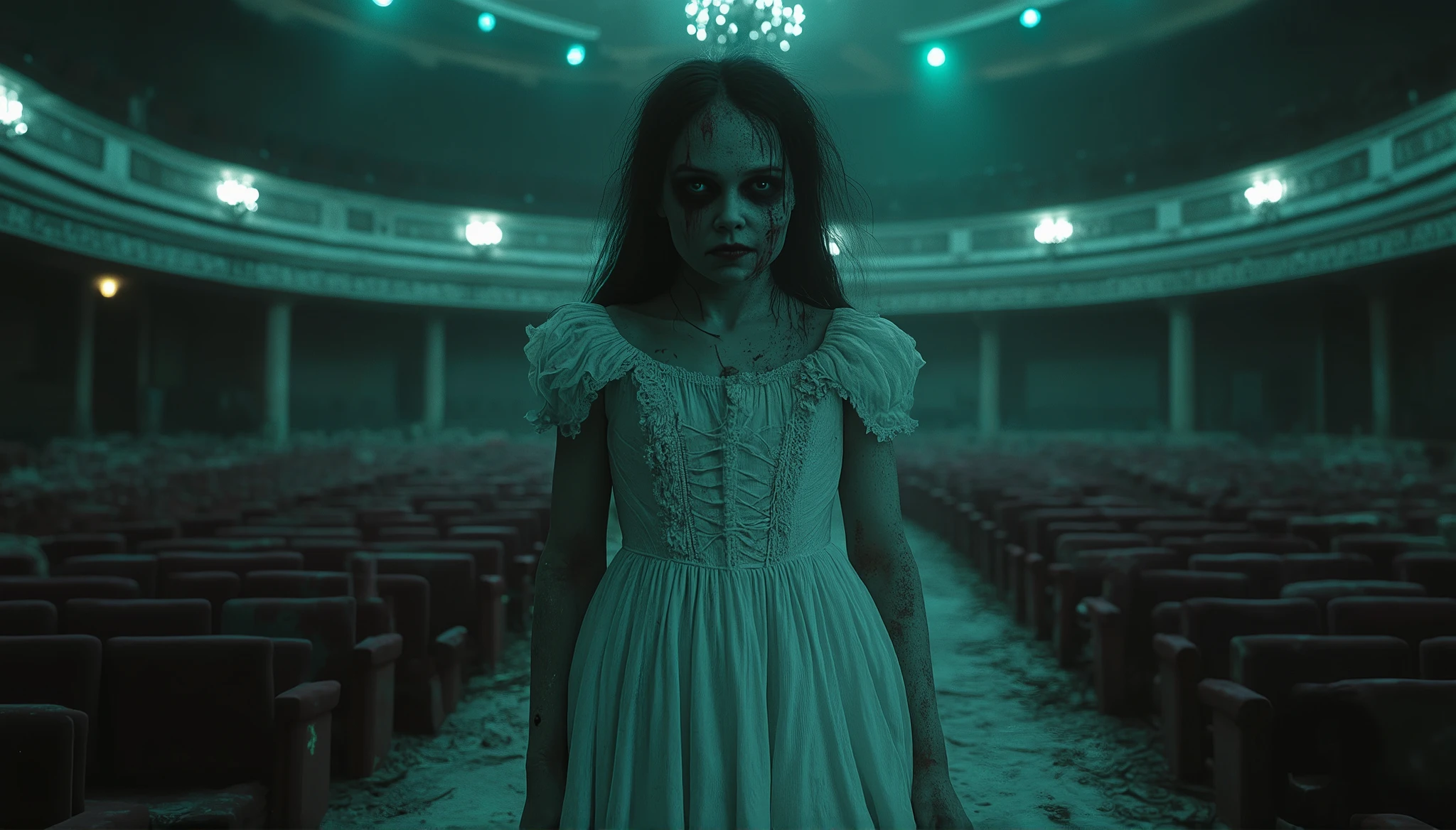 "A ghostly young girl in a tattered white Victorian-era frock standing in an abandoned 1900s theater, eerie and cinematic. Her face is pale with hollow, shadowed eyes, a sinister smile, and streaks of dried blood running down her cheeks. The theater is decaying—broken velvet seats, cobwebs, and dust floating in the dim light from a flickering chandelier. The atmosphere is haunting, with a cold blue-green tint, faint ghostly whispers, and an unsettling presence. Supernatural horror, vintage gothic, ultra-detailed, hyper-realistic, dramatic lighting, 8K resolution."