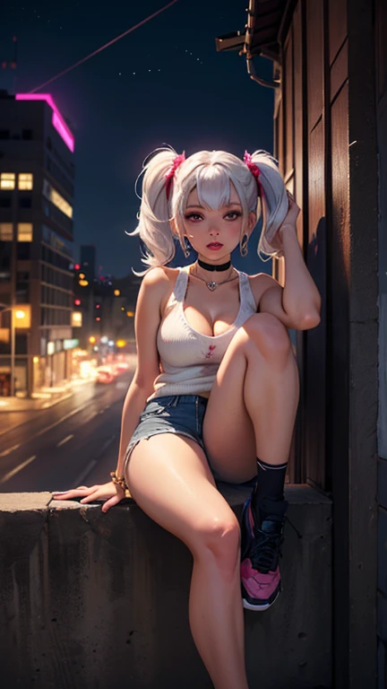 Ultrarealistic, photo, photorealistic, High quality, realistic style, full body, high definition, high quality, realistic, shaded, photorealism, Ray tracing, 8k, uhd, masterpiece, 1 short beautiful young girl, small breasts, small body, silver hair with pigtails, leather jacket open with a loose tank top, a tiny shorts with the button open, a garter belt, happy face with one eye closed and one eye open, and smile showing her teeth with pointy fangs, in front of a medieval taverm, night time, candle light, nsfw
