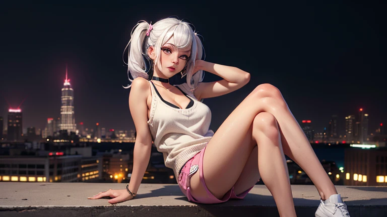  ((masterpiece:1.4, best quality))+, (ultra detailed)+, silver hair, pale-blonde long twintails, violet eyes, cyberpunk,,(white thighhighs), cute girl,blue clothes,(flat chest:1.3), (english text:1.25), 