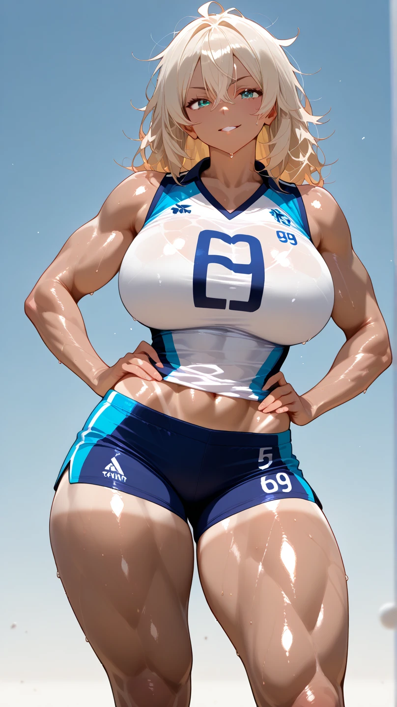 One girl,high school girl,High-cut underwear,((Low - Angle,School Swimsuit,Name tag on chest,ponytail,Pointed Chest,angle of view of ceiling,pubic hair,1 leg up,crossed arms,breast hold:1.5,cameltoe)),((from below:1.7,Wet:1.5)),((Highest quality, wonderful,8k, masterpiece :1.3)), (Realistic, photoRealistic:1.4),((Brown Skin)),(very fine and beautiful skin,Black gal),blonde, Black gal,,Very detailed,Cinema Lighting, Detailed light, Best Shadow, Dynamic Angle,(Super big breasts:1.5), Plump thighs, Indentation:1.5,Poolside