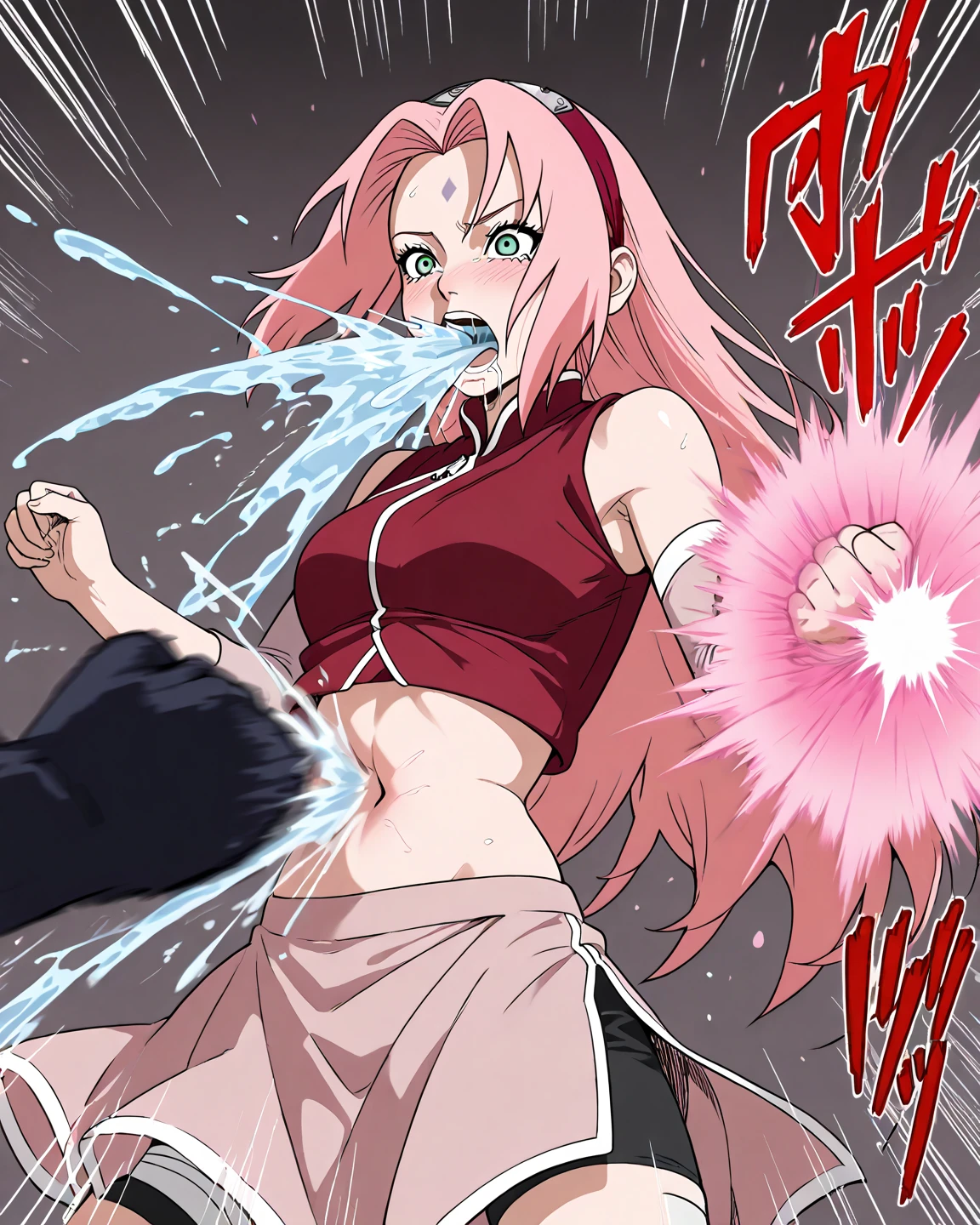 (masterpiece:1.2, best quality:1.2, beautiful, high quality, highres:1.1), detailed, extremely detailed 4K, perfect eyes, perfect face, perfect lighting, (1girl, solo, adult female, mature female), [muscular], thin, thigh muscles, leg muscles,
pink hair, red eyes, haruno sakura, forehead mark, slit pupils, fangs, evil grin, horns, side slit, blood tear marks, 
demonictech, [demonictech japanese village background], (blood red moon), glowing red runes,