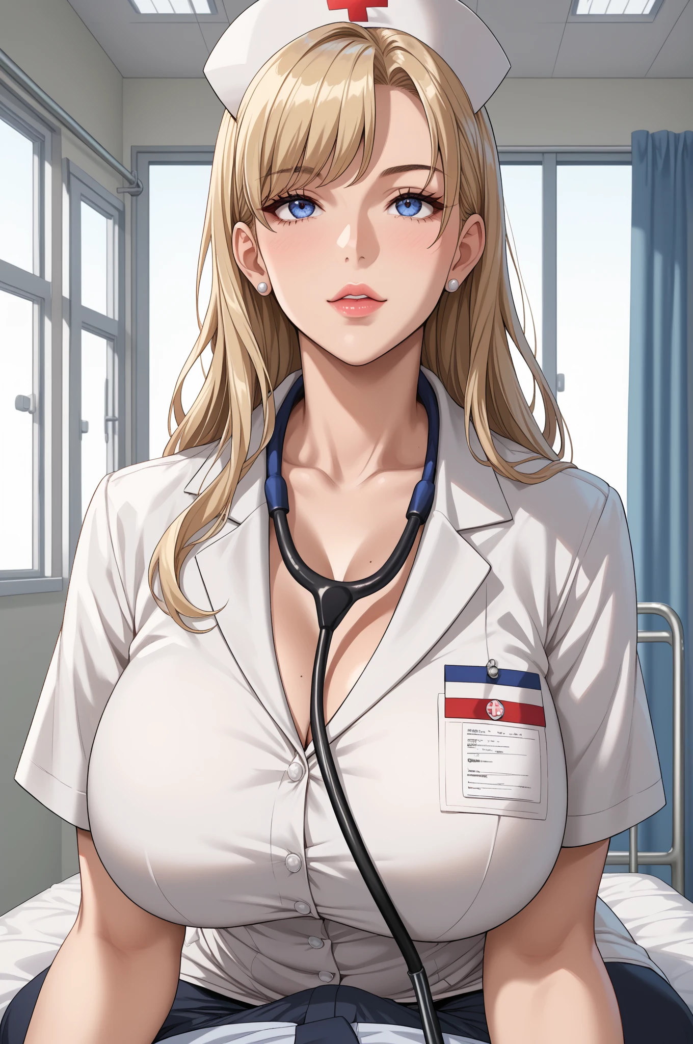 from below, portrait, kind and beautiful nurse, cool face, shy smile, excellent proportions, wearing loose cardigan over nurse uniform, glitter effects, foggy effects