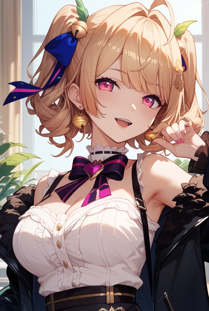 (masterpiece, best quality,:1.3), cowboy shot, 1girl, solo, aishakr, drill hair, twin drills, large breasts, cleavage, black dress, frills, black gloves, crown, bare shoulders, detached sleeves, detached collar, purple flower, purple ribbon, dynamic pose, hand up, garden, tree, mansion exterior, victorian architecture, depth of field, (detailed background:1.1), (looking at viewer:1.1), light smile, closed mouth, v-shaped eyebrows, <lora:aishakr-v8-10:0.9>