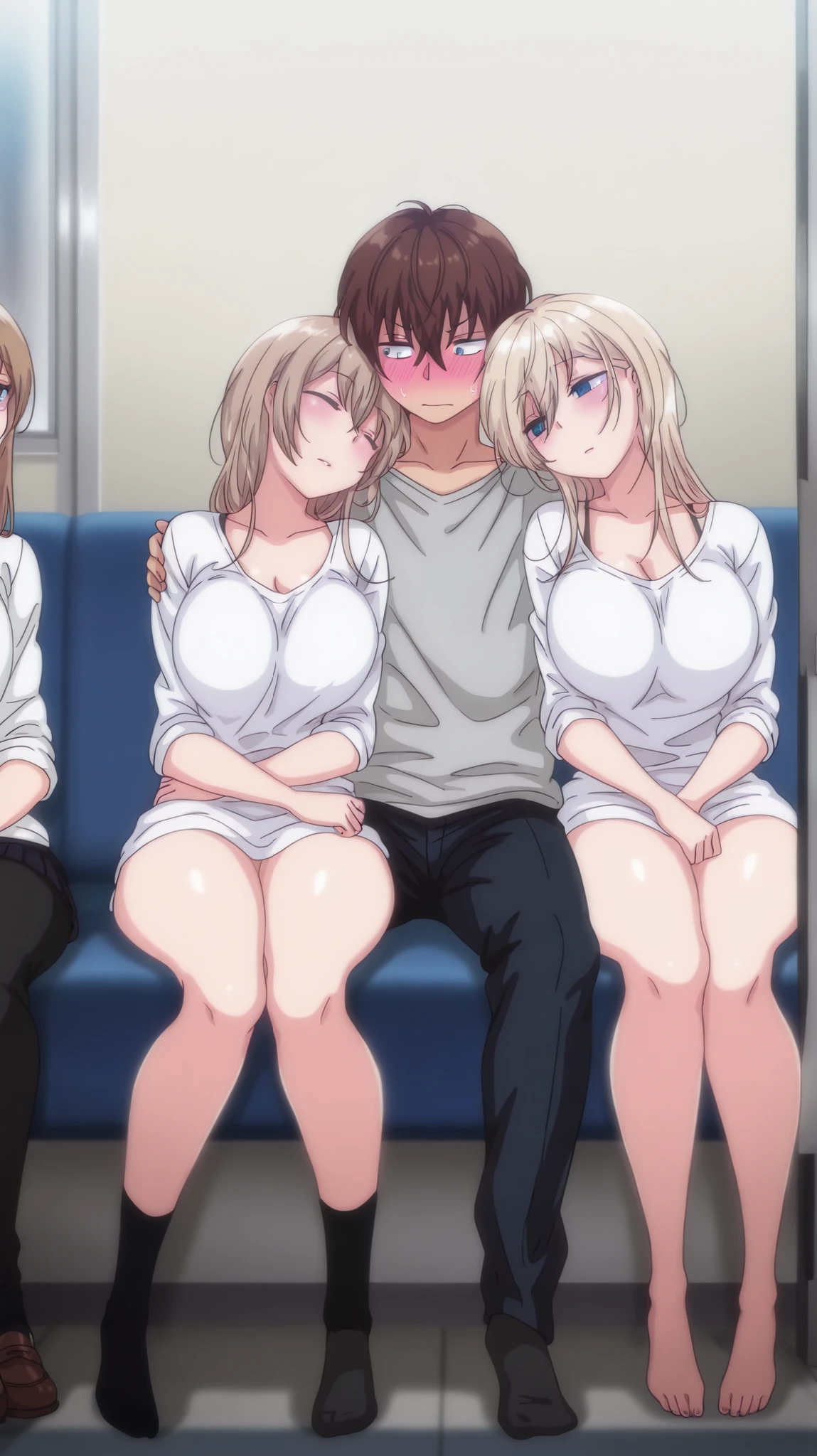 masterpiece, best quality, amazing quality, 2 girls and 1 boy ,here is 1 boy in the middle of them, he is sleeping, he is dark-skinned, he has brown hair, kurashiki reigns, long hair, blue eyes, blonde hair, chisa, alone, chisa_IlXL, brown hair, naked, shy, blushing,face, full body