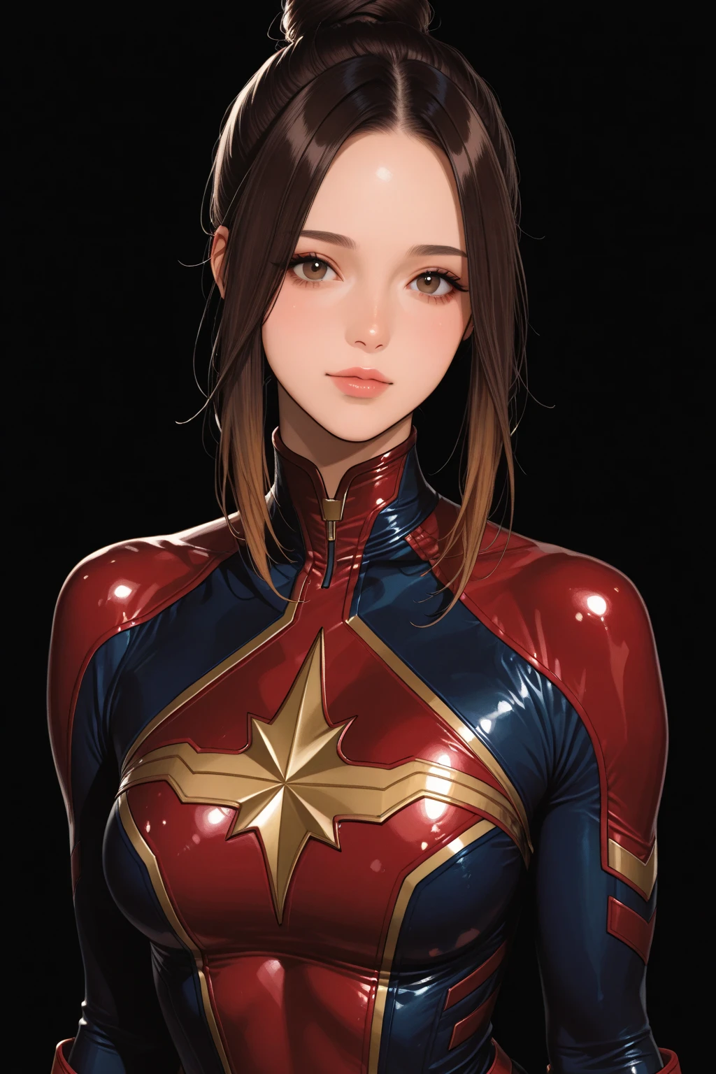 1girl, white background, busty, cleavage, cptMarvel, bodysuit