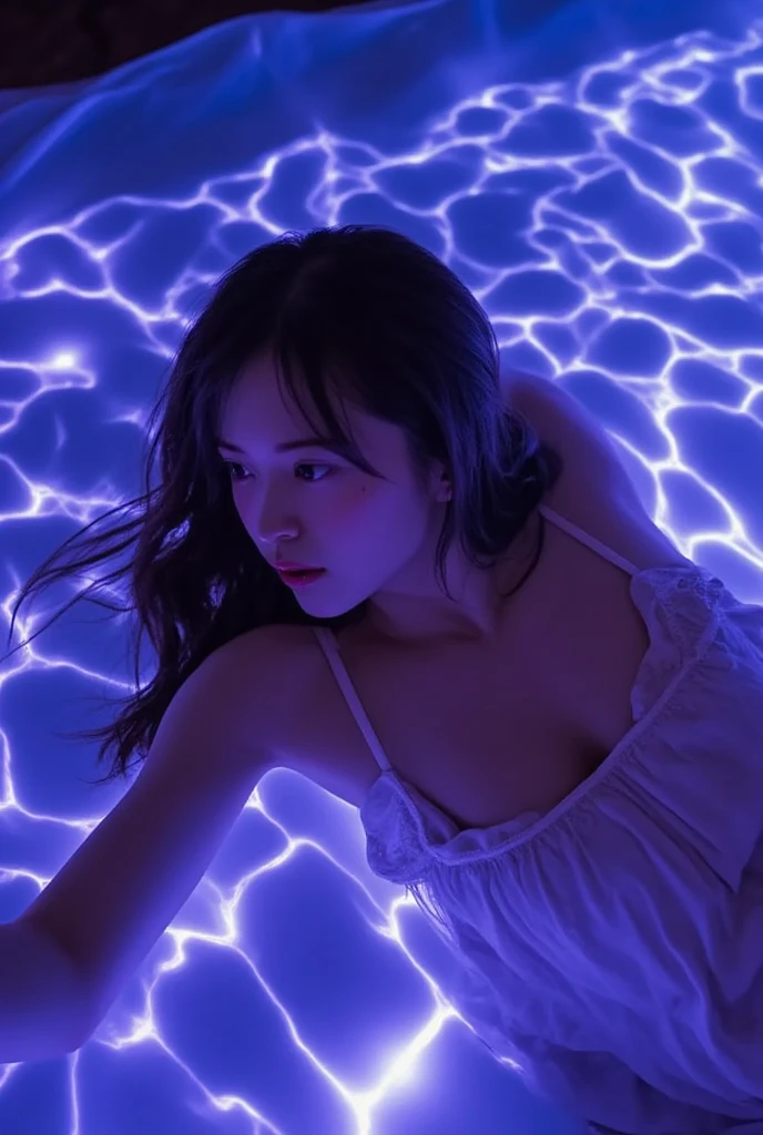 A big bed in a giant transparent sphere in the blue-lit ocean A cute girl on the bed