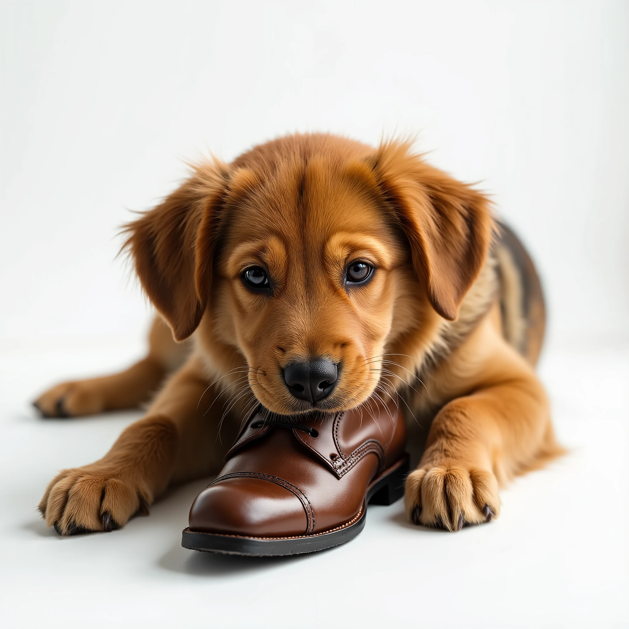 Photorealistic image of a dog chewing a men's leather shoe on a clean white background. The dog is lying down with the shoe between its paws, looking playful and mischievous. Realistic fur texture, sharp focus, high detail, studio lighting, DSLR photo quality, minimal background.