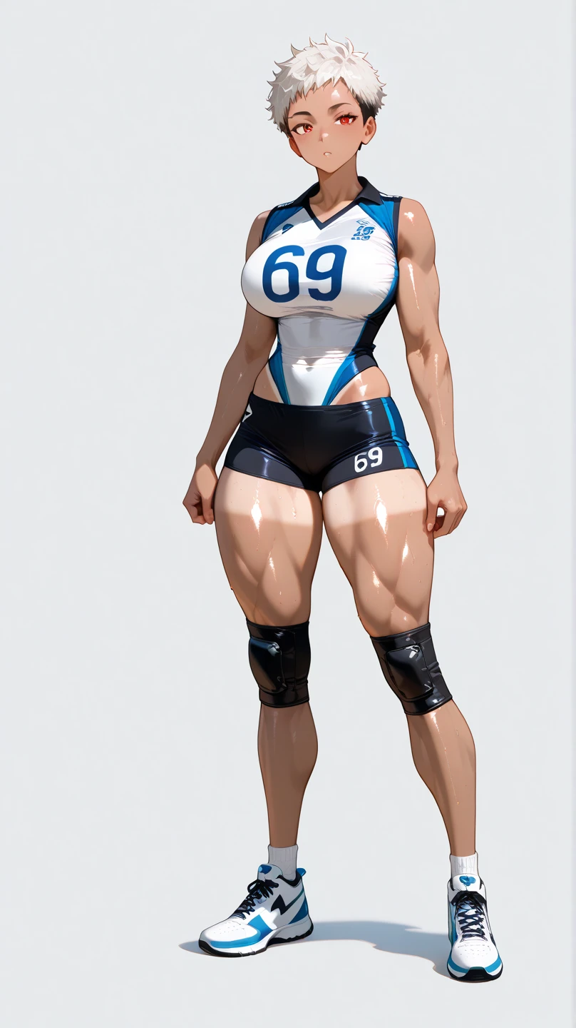 8k,4k,((Best quality, masterpiece, ultra high resolution)),((full body, by pixelsketcher)), <lora:Eva:0.5>,eva,ponytail, black hair, mole under mouth, shorts, blue tank top, brown eyes, breasts,large breast,sleeveless,kneehighs,unibrow,blue shorts,thick eyebrows, black footwear,((white socks)), shorts,white background,human,angry