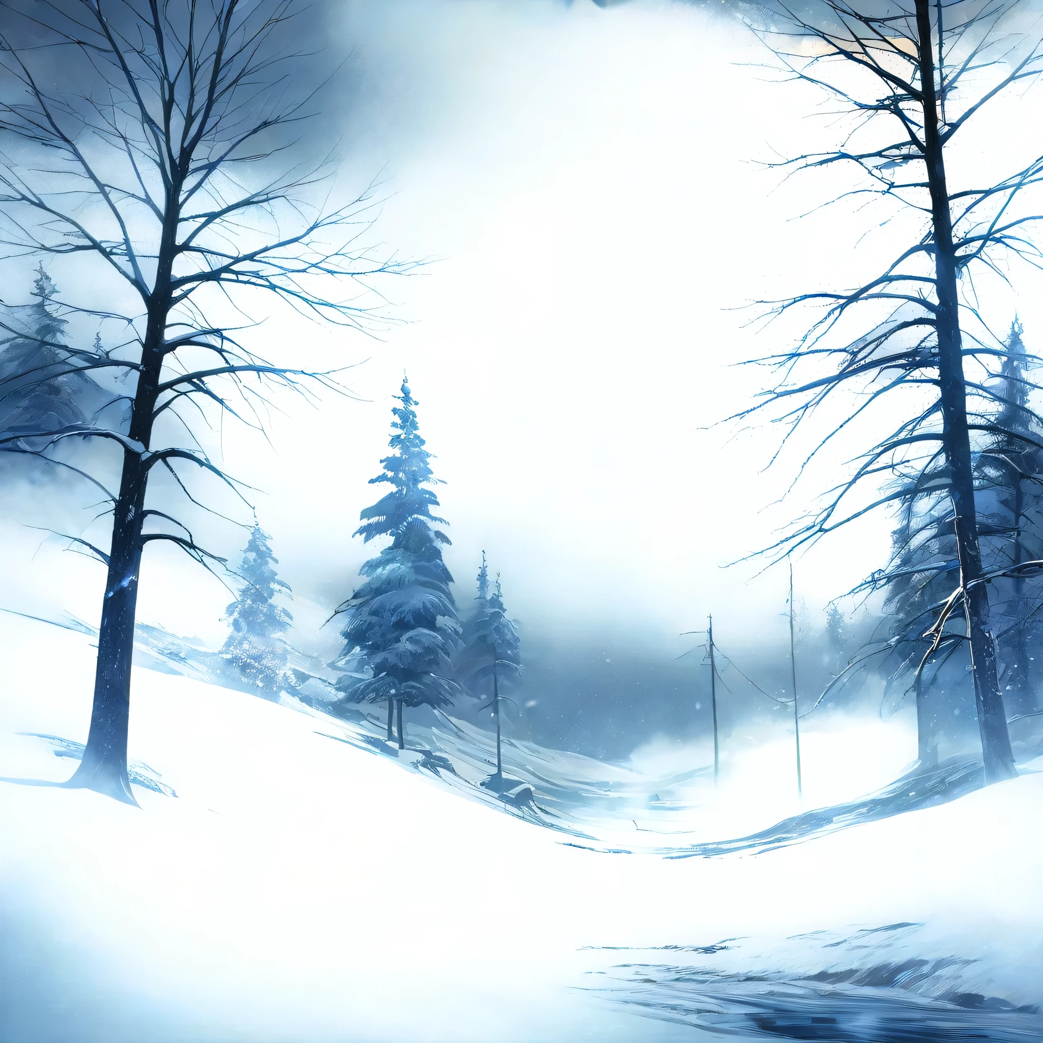 very windy,SNOWSTORM AND WIND, dense and dark forest, a strong snowstorm in a dark canadian forest. Stylized forest scene made for statue base art. tall black trees without outline, on a flat grayish blue background. graphic silhouettes, with a snowy ground at the bottom. No characters, no logos, with screens and halftones. Just a stylized, snowstorm and cold forest under a heavy snowfall. Looks similar to deluxe collectibles bases. Dark and cold style - made for bottom plate printing. Snowstorm, blizzard. very windy