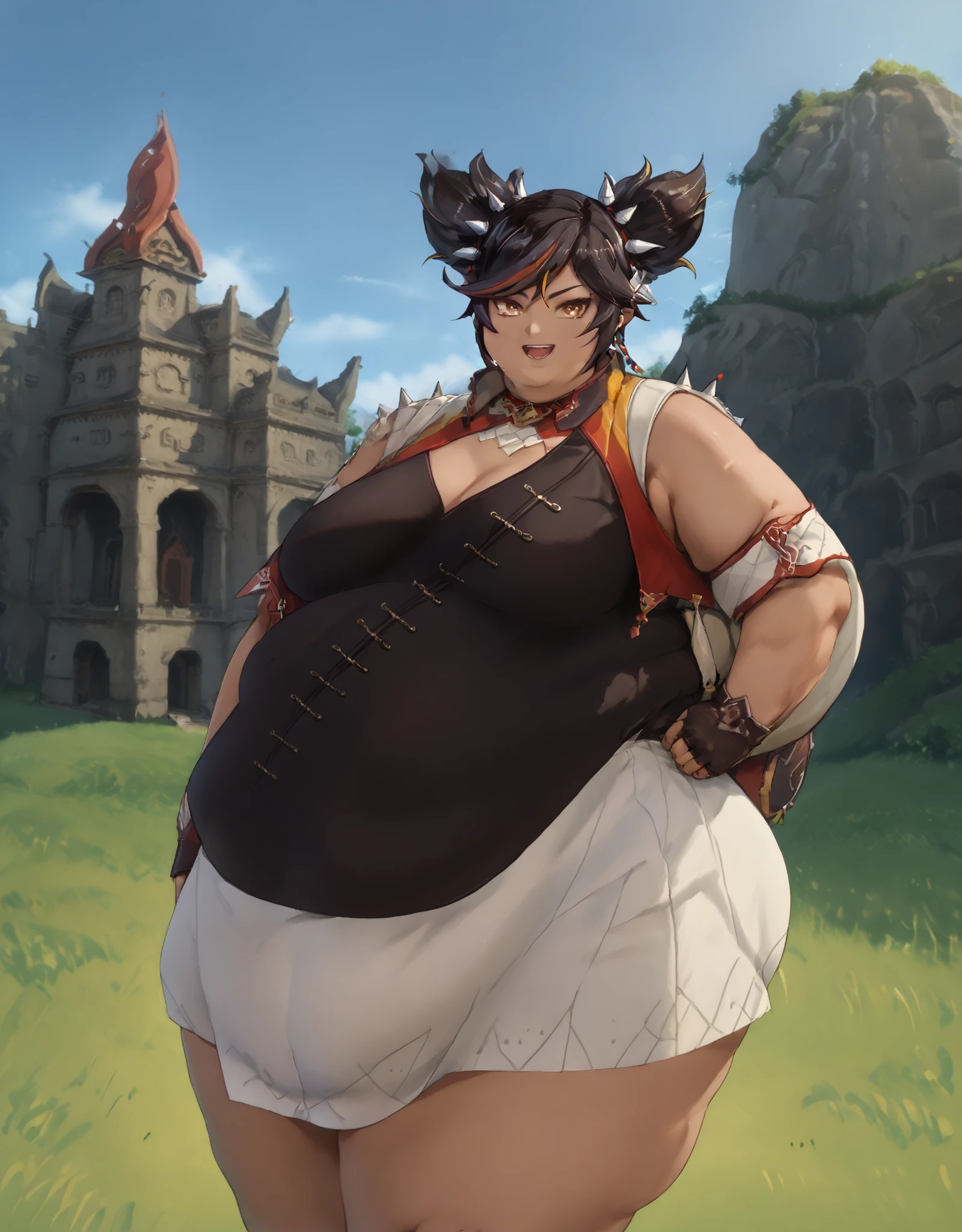 Massive-bellied size, round belly, young black haired girl, tomboy, red thight dress, gargantuan belly, nice looking belly, firm round massive belly