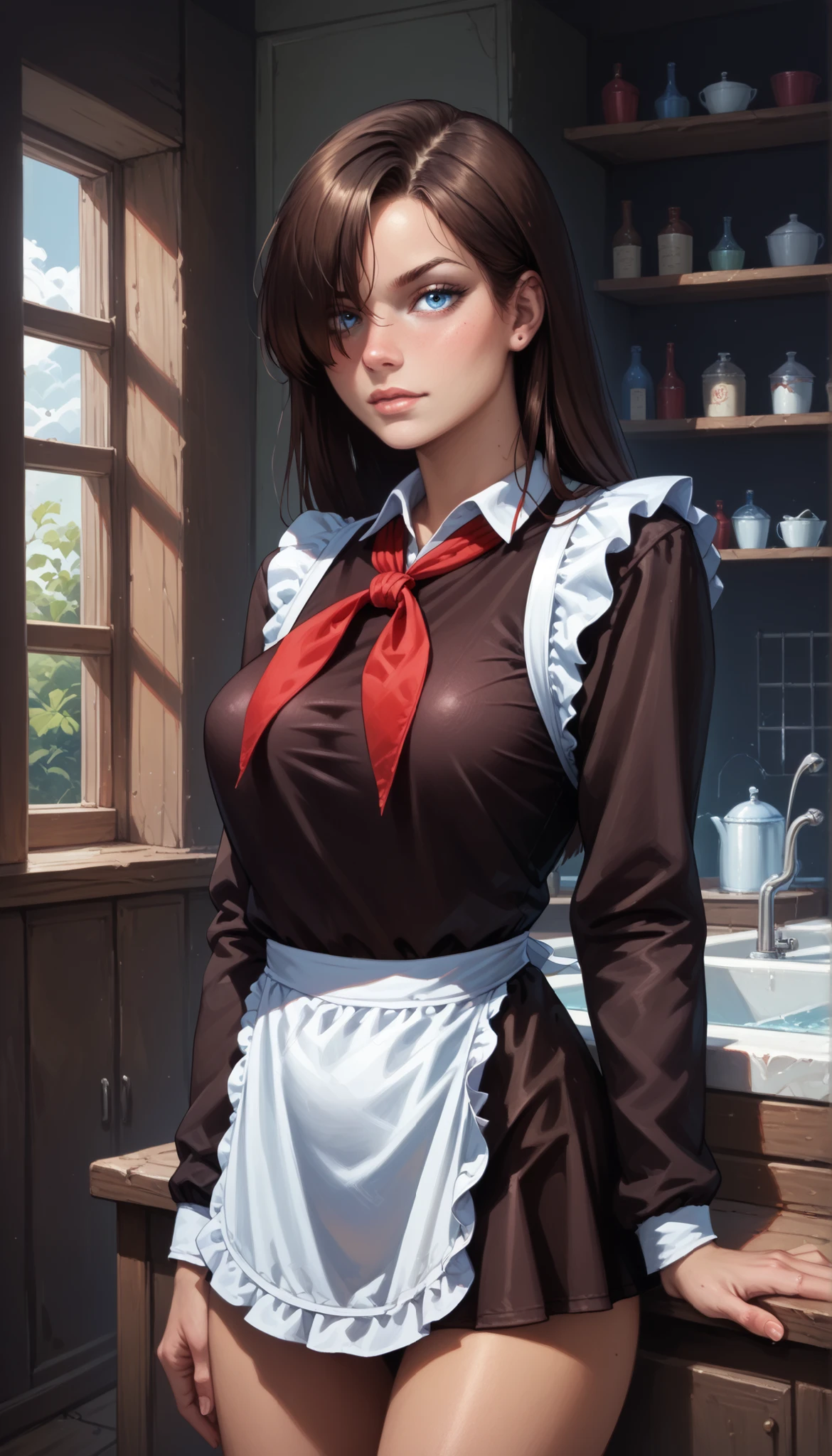 score_9, score_8_up, score_7_up, score_6_up, 8k, high detailed picture, realistic style, masterpiece, very young girl, small perfect breasts, torpedotits, (thin, slender, narrow shoulders and hips, anorexic girl, slender legs and arms), blue_eyes, hair over one eye, blue_hair, long hair, 16k, masterpiece, realistic style, perfect fingers, tomboy, CyberRealistic_Negative_PONY_V2, very sexy dress, dressed like (microdress, very tight, sovsh_uniform, lace apron, red neckerchief, dark brown dress, long sleeves, white apron) , very tight dress, bursting breasts