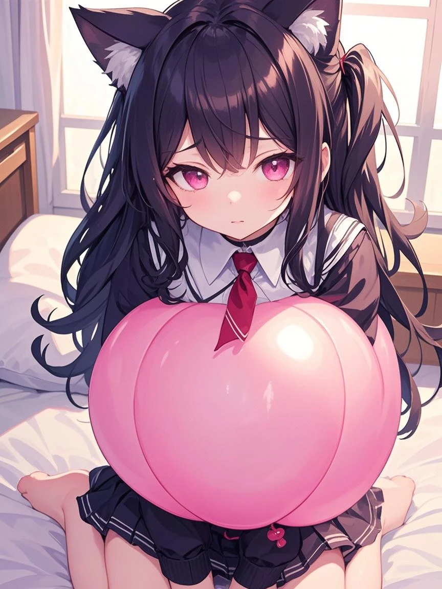 One girl,Black Hair,Pink eyes,(blush:1.1)、Shy open-mouthed face、 ((Heavy breathing:1.3)), like,  smile、Big Breastaid clothes)、whole body