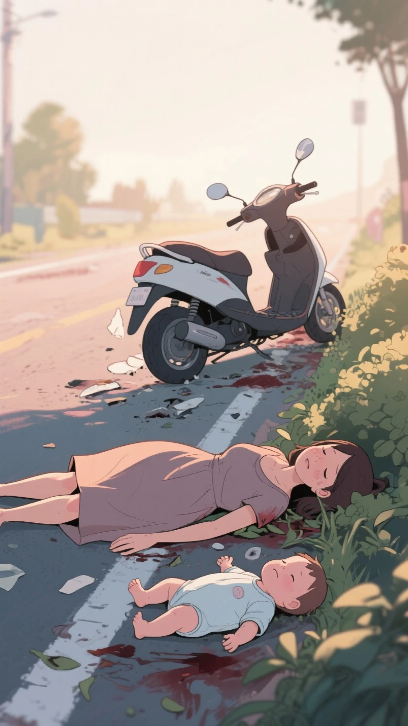 clear line, sharp line, nsfw, sweaty, hot weather, hot, sweat, masterpiece, no watermark, body steam, steam comes out of body, many steam, dust, accident, hit by truck, crushed stomach, crushed, destroyed