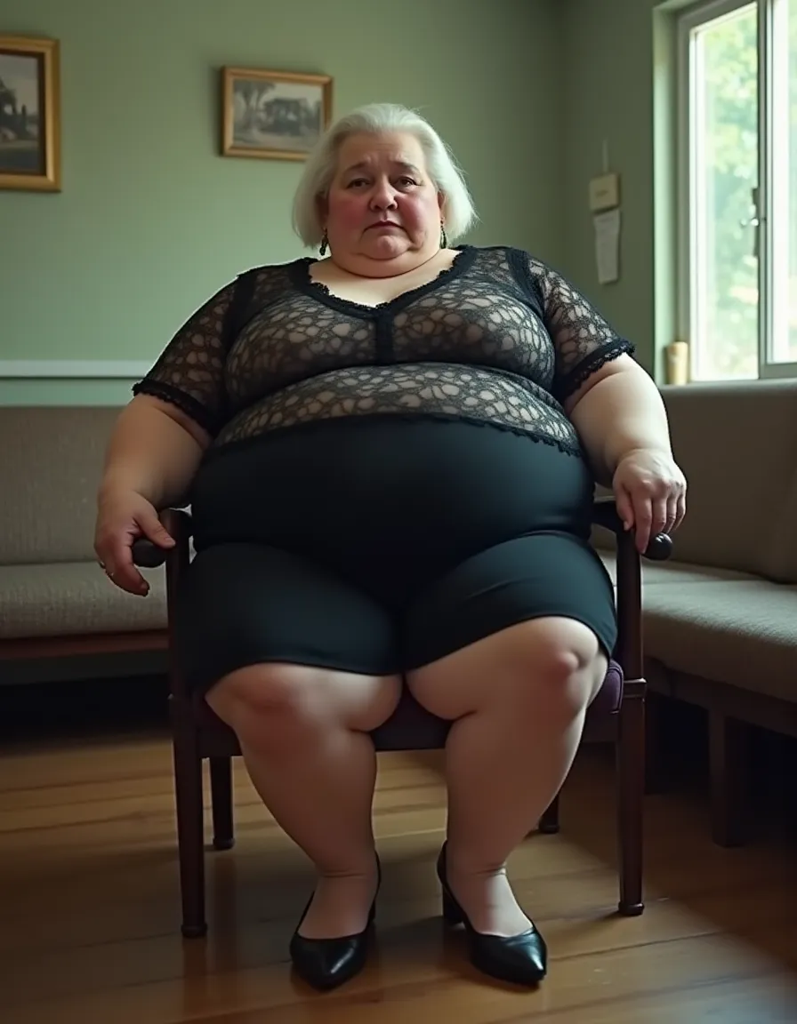 Flabby fat old woman, two arms at the waist, fundo branco corpo inteiro