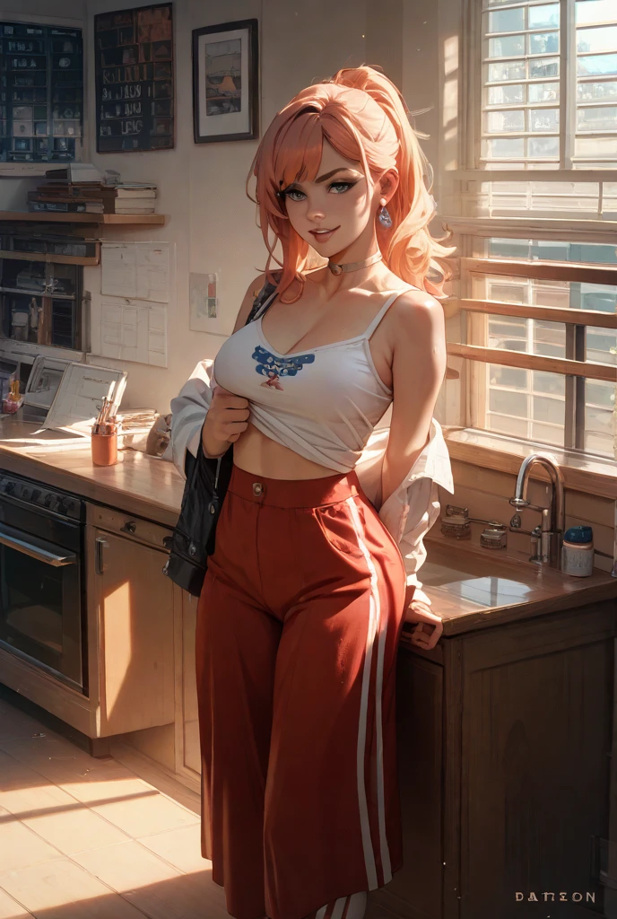(masterpiece, best quality), 1girl, red hair, green eyes, best quality, masterpiece, looking at viewer, small breasts, crop shirt, thighhighs, sexy legs, white t-shirt, arms up, see-through, indoors, wide hips, striped panties, innocent wear, <lora:plump_control_v1.0:0.1>