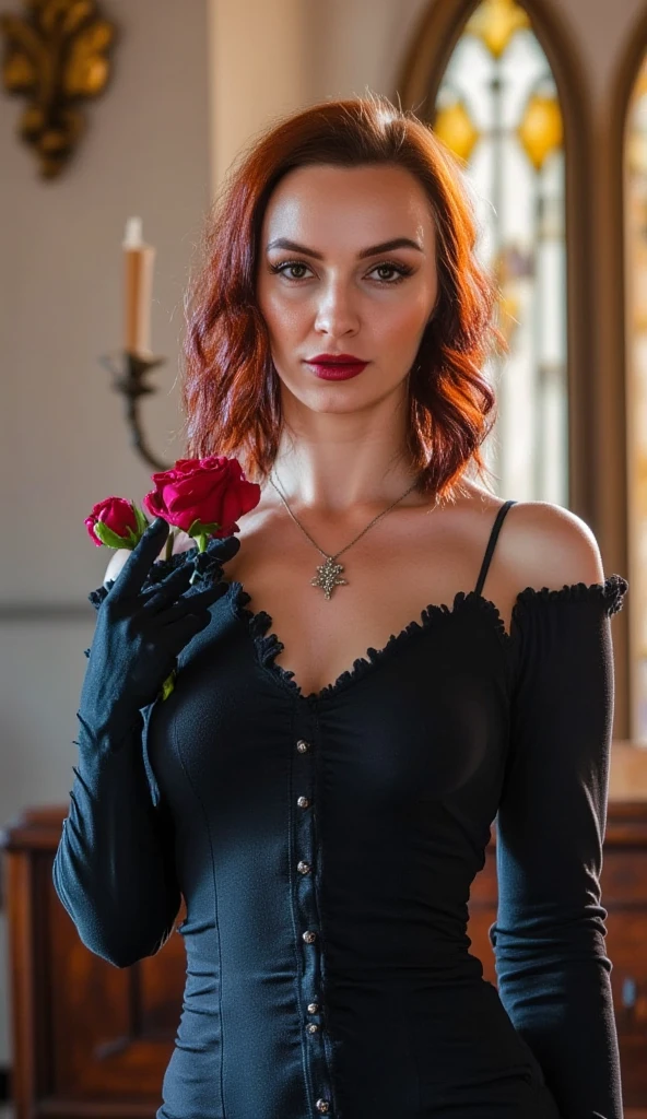 (8k, RAW photo, maximum quality), (A woman) (70 years old), (pale face+, cadaverous+, showing the mark of the bones, dark makeup), ((red dress)), ((black hair)) (necklace with a red rose) (jewelry) close-up++, (detailed eyes: 0.8), (looking at the camera: 1.4), (maximum quality), (best shadow), intricate details, background with lights, night