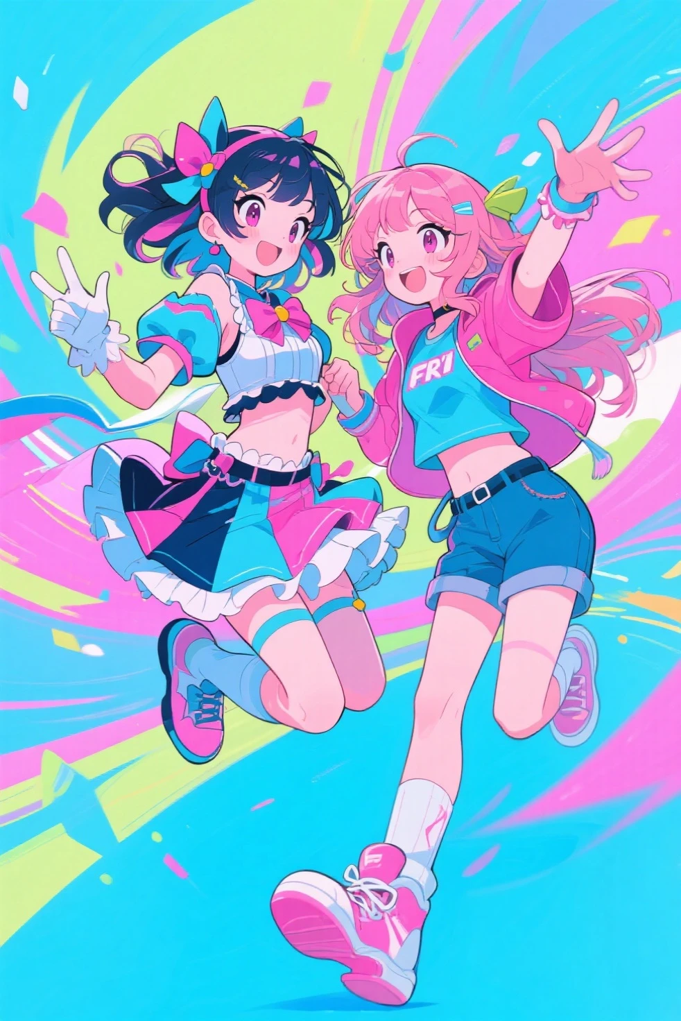 Dynamic Angle, ((((Detailed eyes and detailed face: 1.2)))))), (((Perfect human hand, super detailed human 5 fingers)))), ((Perfect human foot)), Upper body, 1 or 2 girls, Smile, Wolf ears, Wolf tail, Pink eyes, Hair between eyes, (Wink)))), D Cup, cleavage, Striped hair, (Colorful hair color: 1)))))), (( Random hair color: 1))), variegated hairstyle: 1, twin tails, ultra-detailed gradient hair, (((T-shirt with the kagenari logo))), sneakers, professional designer, fashion leader, ruffled dress, love live, jewelry, backstage, best stage, climax, professional stage, (holding the microphone with your left hand and singing emotionally, Overflowing emotions, the best smile))), singers, vocalists: 1, idols, divas, professional stage, professional lighting, live lighting, distracting, fan service: 1, ((satellite photo seen from the audience)))), ((((Panchira, cute panties))))