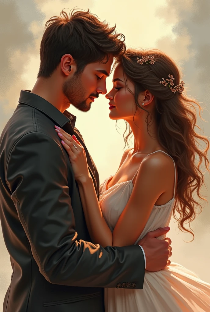 A pair of star-crossed lovers, their passion evident in every lingering touch and tender gaze. A stunning painting captures the essence of their bond, with vivid colors and intricate brushstrokes bringing the relationship to life. The couple's features are portrayed in exquisite detail, from the soft curve of their lips to the sparkle in their eyes. The overall composition exudes a sense of sincere connection and intimacy, making it a truly captivating work of art. She wears a white dress, and he wears a white dress shirt.