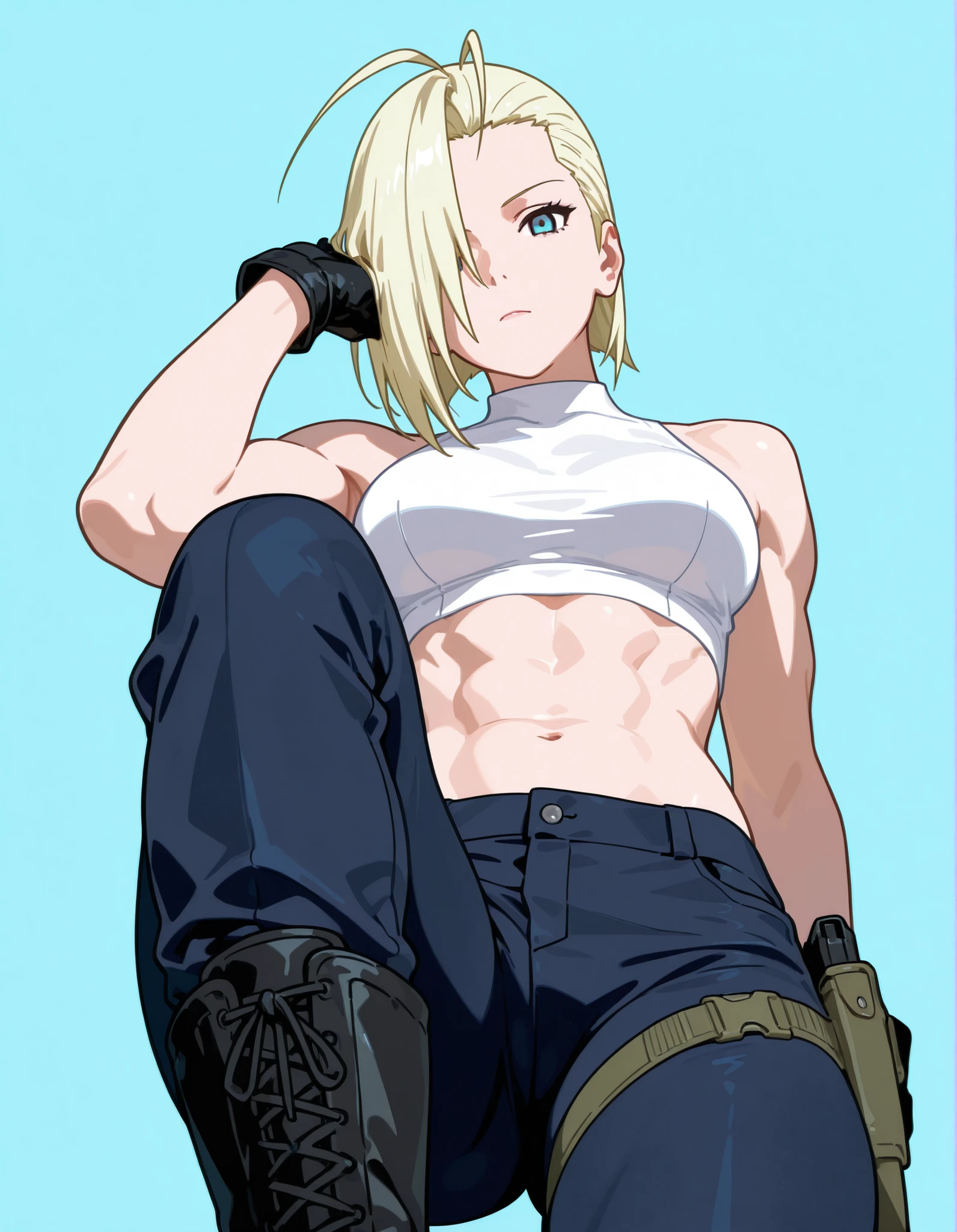 beautiful woman in her thirties, blonde hair, long thin face, blue eyes, narrow gaze, short hair, slicked back hair, slicked back hair, emo bangs that fall over one eye (antenna bangs) (Yamanaka Ino bangs), tall athletic woman, tight white top, black tactical pants, black high boots, black gloves, holster on leg, athletic body, muscles, thin waist, defined abdomen, thin face. Masterpiece, best quality, 2D, flat shading, flat illustration, minimalist, pop art style, neopop, linear drawing, vector stroke, 1 girl, alone, medium breasts, (colored background, simple background), looking at viewer, thick thighs, no makeup, in sexy pose, beautiful eyes, detailed eyes. tiger art in the background