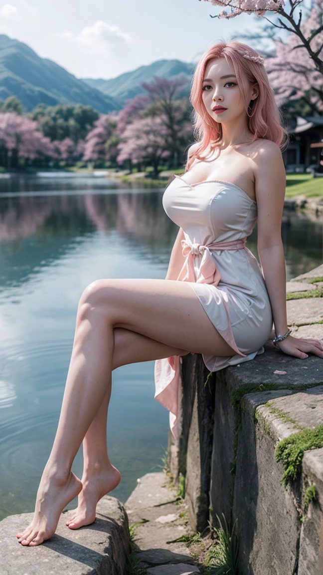 (best quality,4k,8k,highres,masterpiece:1.2),ultra-detailed,(realistic,photorealistic,photo-realistic:1.37),portrait,sexy woman,slender,large breasts,full body view,leg view,foot view,pink heels,pink colored hair,long hair,open yukata,semidressed