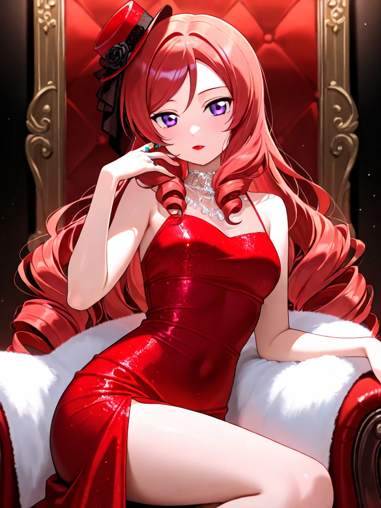 (masterpiece:1.3), best quality, official art, magazine cover, ultra detailed, 1girl, 1980s \(style\), elegant dress, living room, gorgeous, sitting on dar red sofa, long brown curly hair, blue eyes, glasses, jewelry, Adult Only, Erotic Illustration, (art by Kanon Yoshizaki)