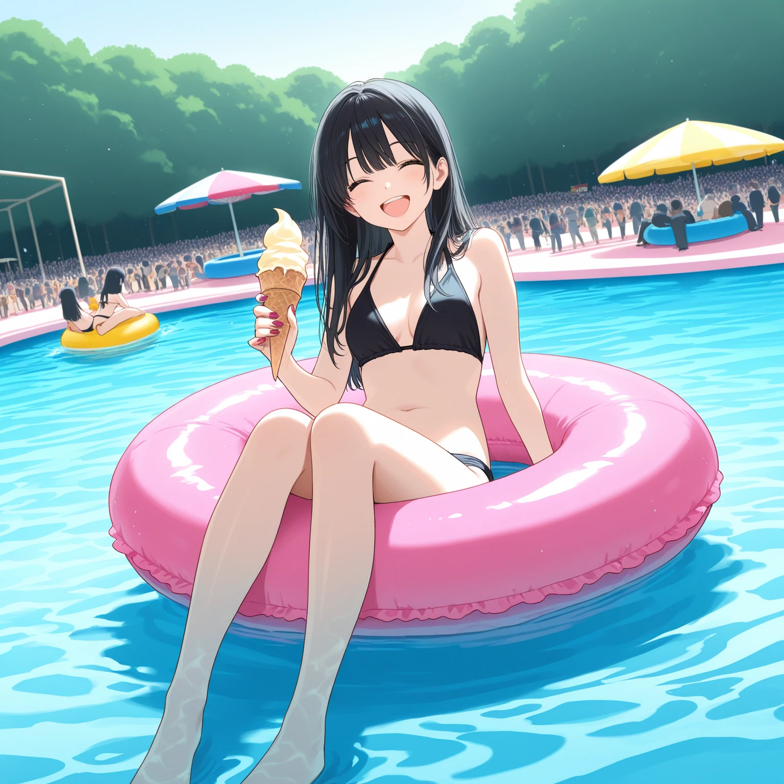 ((best quality, high resolution)), (delicate illustration), (pastelcolor style illustration:0.4), (watercolor style illustration:0.4), ((beautiful:1.3)), (tegaki),(anime key visual),4k,Perfect Anatomy,
BREAK
1girl, brown eyes are shining and cute, black hair, long hair, tareme, (red-rimless eyewear:1.2), star earrings, fabrous feminie softy breast, smile, blushful,
BREAK
oversized white shirt, sidetied bikini,
BREAK
A girl sitting on a hammock, holding a shaved ice with colorful syrup, sunny day, there are a lot of people at the summer beach, sun, sand, blue sky, wet,