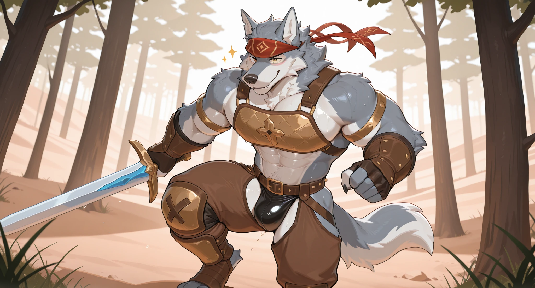 Solo Sexy young anthro wolf male mercenary medieval solider, slim endomorph muscular, anthro handsome gay muzzle, handsome gay model male apperance, shagy shag headband, scars, worn out rusty skimpy armament, low on hips heavy leather heavy belt, old very worn out skimpy white linen material jockstrap, old yellow dirty worn out stains on white sawn jockstrap, precum cum cumshoot through jockstrap drop on me, very visible "x" brown seam pattern on the jockstrap, studded skimpy armlets breastplate armor, skimpy breastplate, leather bondages, fingerless leather gloves, smelly unwashed husk, dirty body look, desert battlefield, standing in sexy victorious position above me, agressive dirty playfull grin, he is looking down into my eyes, first person view of view from ground under his close jockstrap, legs wide open apart, view of the crotch from underneath with a jockstrap
