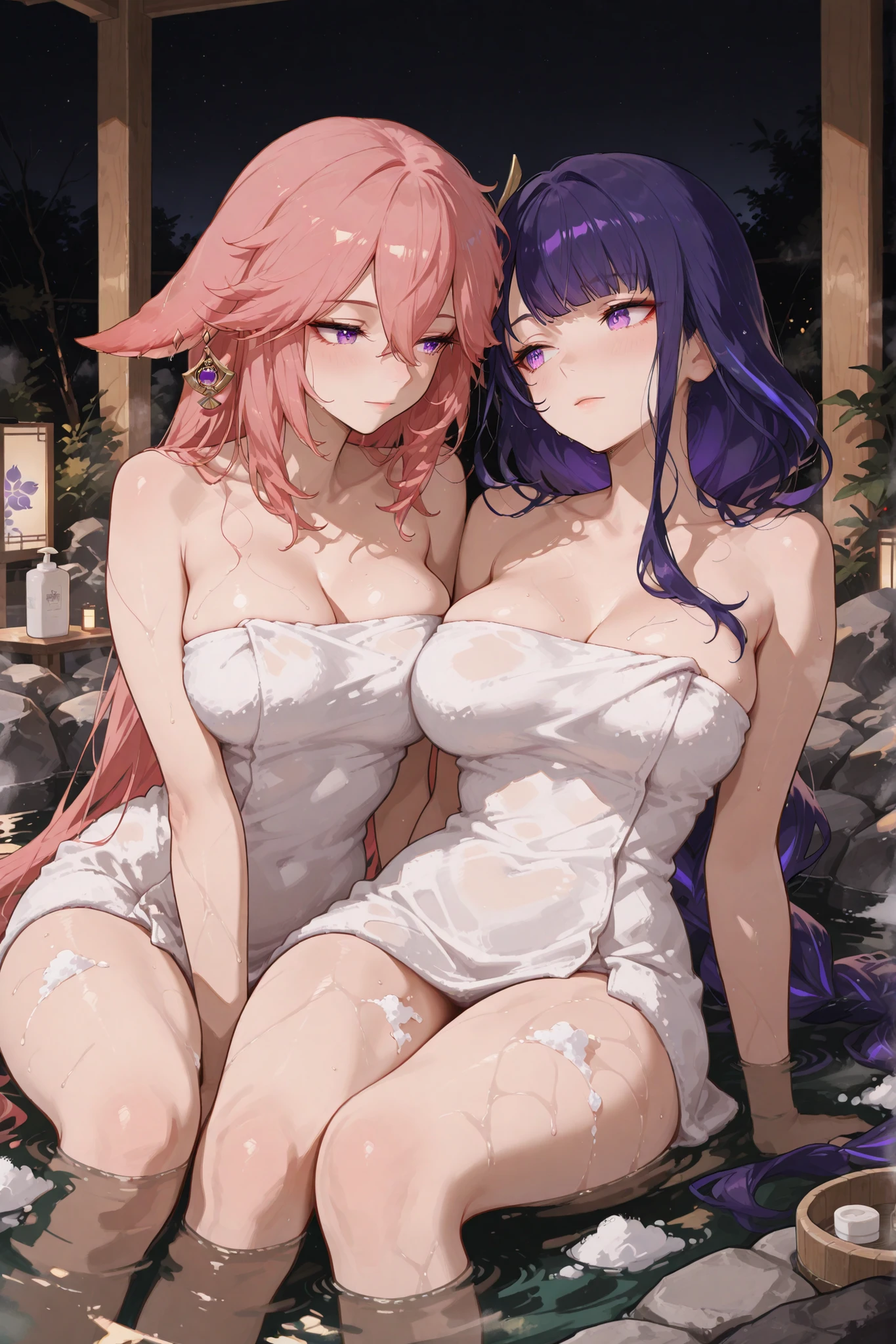 This is a hot spring deep in the mountains in the middle of the night.、You can see the night view of Lake Suwa in the background.、Stars reflecting off the lake、Beautiful starry sky、I can see the city lights in the distance、Mother and daughter relaxing in a hot spring、The two are mother and daughter and both have pale pink hair.、One of them is my daughter, a middle school student with pale pink long hair and small breasts.、The other is my mother, a 32-year-old busty woman with light pink, loose, short lob hair.、They are completely naked、They are completely naked.、I々You can see their pink nipples、I can see the pubic hair、They have a lot of pubic hair、Beautiful nudes、R18 illustrations、Erotic manga、Erotic illustrations、2D illustration、Japan anime、drawn by Japanese ilastrator、high resolution、4K quality、High Quality、High resolution、5 megapixels、High Detail、Beautiful background、I can see her breasts, navel, vagina, clitoris and labia majora.