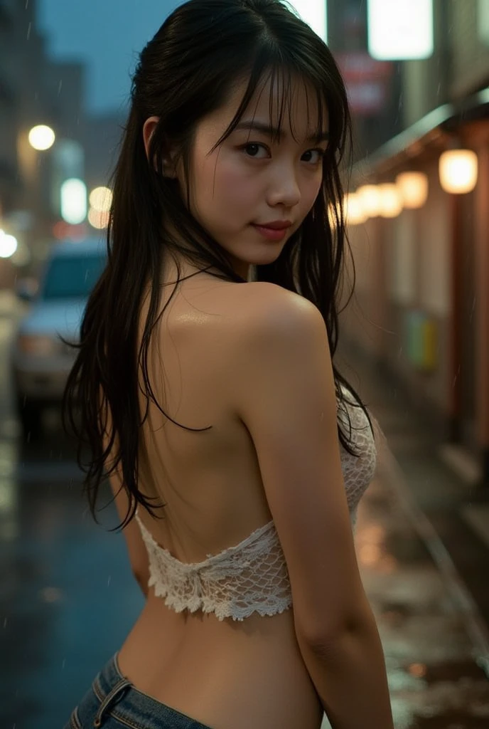 1girl,solo,Rough skin,from back,face focus,(looking at viewer:1.2),wet hair,dark,polaroid,(depth_of_field:1.5),rainy days,outdoors,street,hair between eyes,moody lighting,Tyndall effect,Cinematic Lighting,night,lamppost,lens flare,available light,rim light,glowing neon lights,curvy, no panties, korea girl,black swimsuit ,high leg swimsuit,slingshot swimsuit,criss-cross halter,