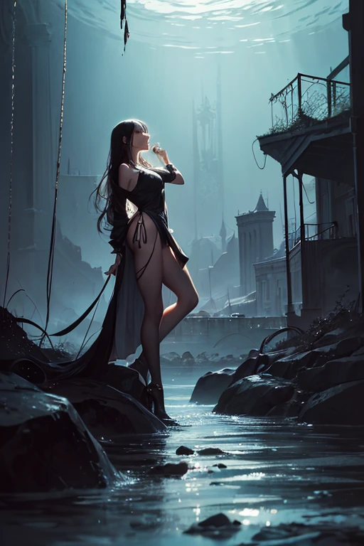 (a beautiful woman) singing, sitting on jagged rocks in the stormy ocean. (a ship) crashes violently into the rocks. cinematic lighting, volumetric light. stormclouds. dark sky. detailed face, intricate eyes.