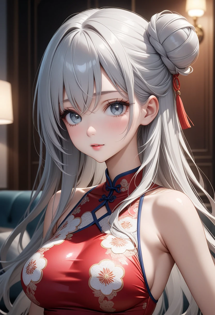 (masterpiece, Highest quality), Intricate details, One girl, alone, Long Hair, View your viewers, indoor, Arms crossed, smile, Removable sleeves, Gray Hair, curtain, Large Breasts, Red eyes, Exposing shoulders, Mouth closed, Long sleeve, Upper Body, dress, lamp, Picture Frame, blush, window, button, flower, No sleeve, Side Lock, Hair between the eyes, Arms under chest, Tassel, lips, Chair
