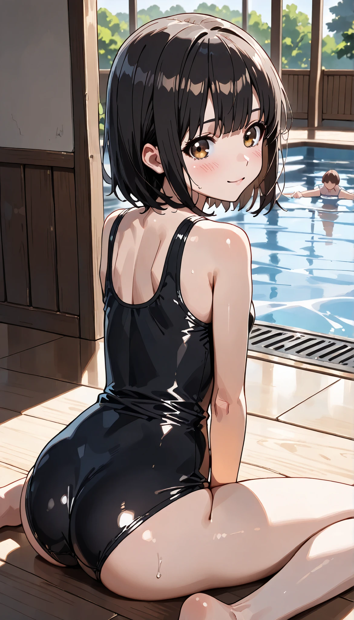 Sylvion,furry,you are cute,Bust 82,Waist 56,Thigh 83,very good,Good resolution,go to swimming pool,Wear a black one-piece swimsuit.,Good light and shadow details,shade,Take a sexy shower,sexual face