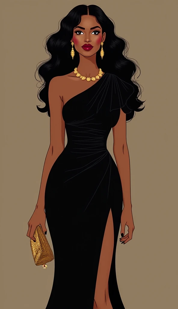 brunette woman, black person hair curly kinky layered long defined white streak, black gown, Brown eyes, reddened mouth, dark eyes, big and wide face, Disney pixel animation style wide nose