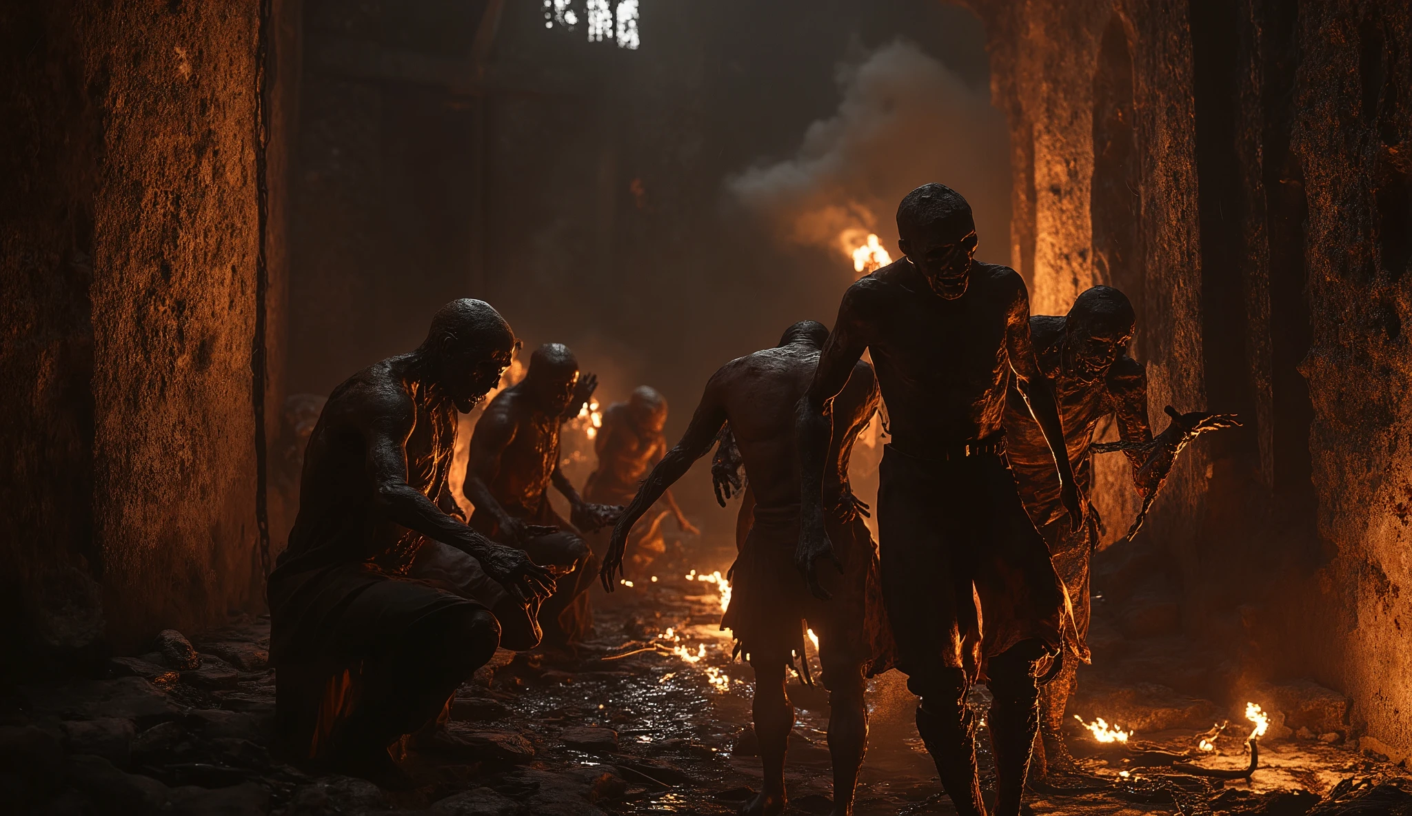 "Forgotten in the depths of a crumbling dungeon, prisoners are chained to the scorched walls, their bodies twisted by agony. Flesh bears the marks of fire—blistered, scarred, fused with rusted iron. Some whimper; others stare hollowly, their spirits as broken as their bones. The air reeks of seared meat and molten metal. Shadows dance like tormenting specters across the walls, cast by a single, guttering torch. Among them, one figure stirs—was that a spark of defiance in their eyes, or just the flicker of the flame?"