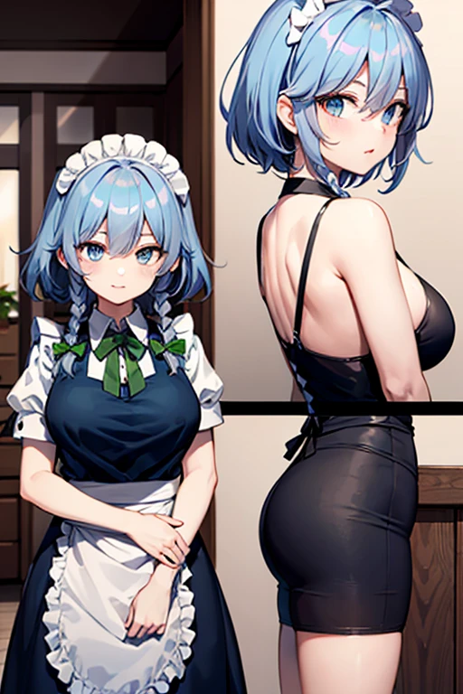 (\Nejire hado)/,(\boku no hero academia character)/,(\wearing)/,+,(dressed as a maid, and maid's clothes and super revealing on the back, I lowered the short skirt a lot, showing the legs, and a little of the panties, and the part of the apron at the back of the skirt is very low, showing the delicious buttocks, and on the top of the maid uniform it looks like a very short and sexual bra, and she has a big ass and super big breasts, she is super busty and has really big buttocks)