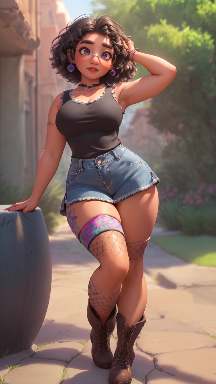 mirabel madrigal,  glasses, smile, ((detailed face)), outdoors, (((wearing a black tanktop))), (((brown skin))), choker on neck, detailed skin, perfect legs, ((wearing a denim skirt)), (((wearing boots))), ((high fishnet leggings)), perfect thighs, (((curvy body))), (((full body))), 