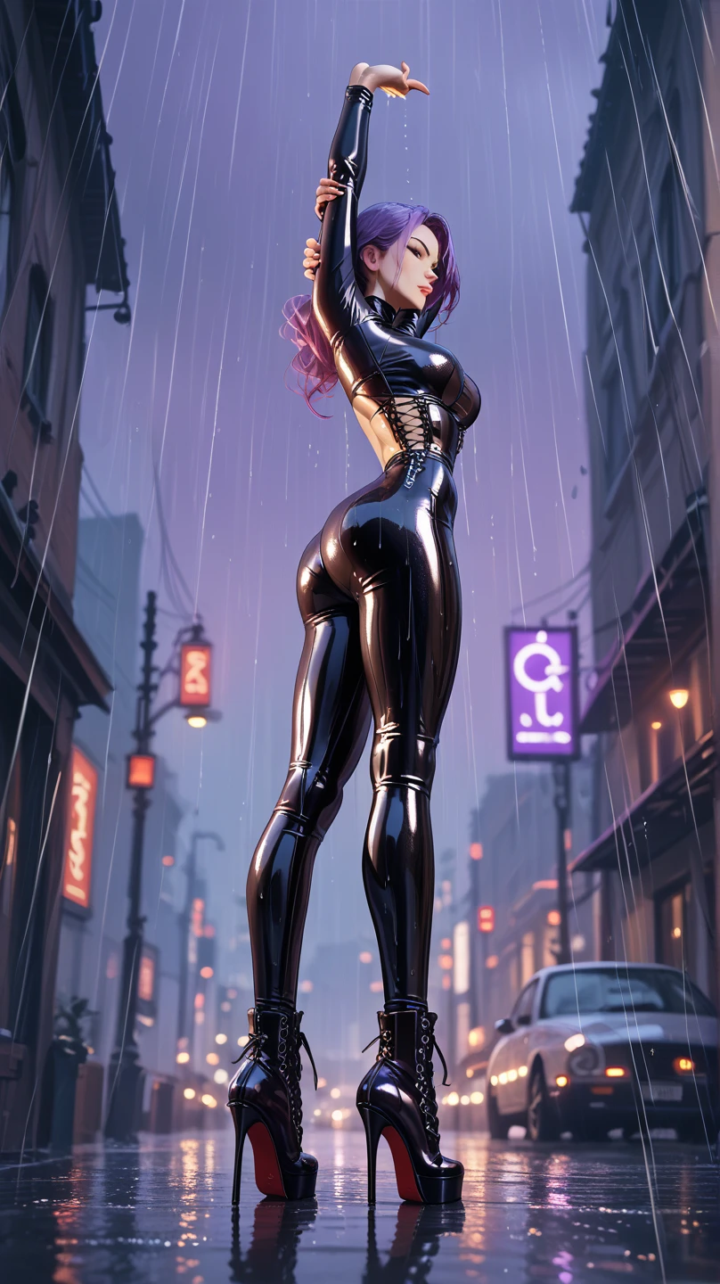 ((full body photo, feet on the ground, straight body)) {Marina:Super Kawaii woman, big breasts}; {black with red props/exhibitionist/extremely tight on body/costume/latex ninja/Batman/Spider-Man}. She is in {a city taken by evil, at night, raining hard, thundering}, Her body and hair {are extremely soaked with water} . She has {hair: very short and slick black, eyes: green, is smiling, looking at the viewer}; Ninja, High detail, anime, 16k, UHD, retina, retina, ccurate, anatomically correct, textured skin, super detail, high quality, award-winning