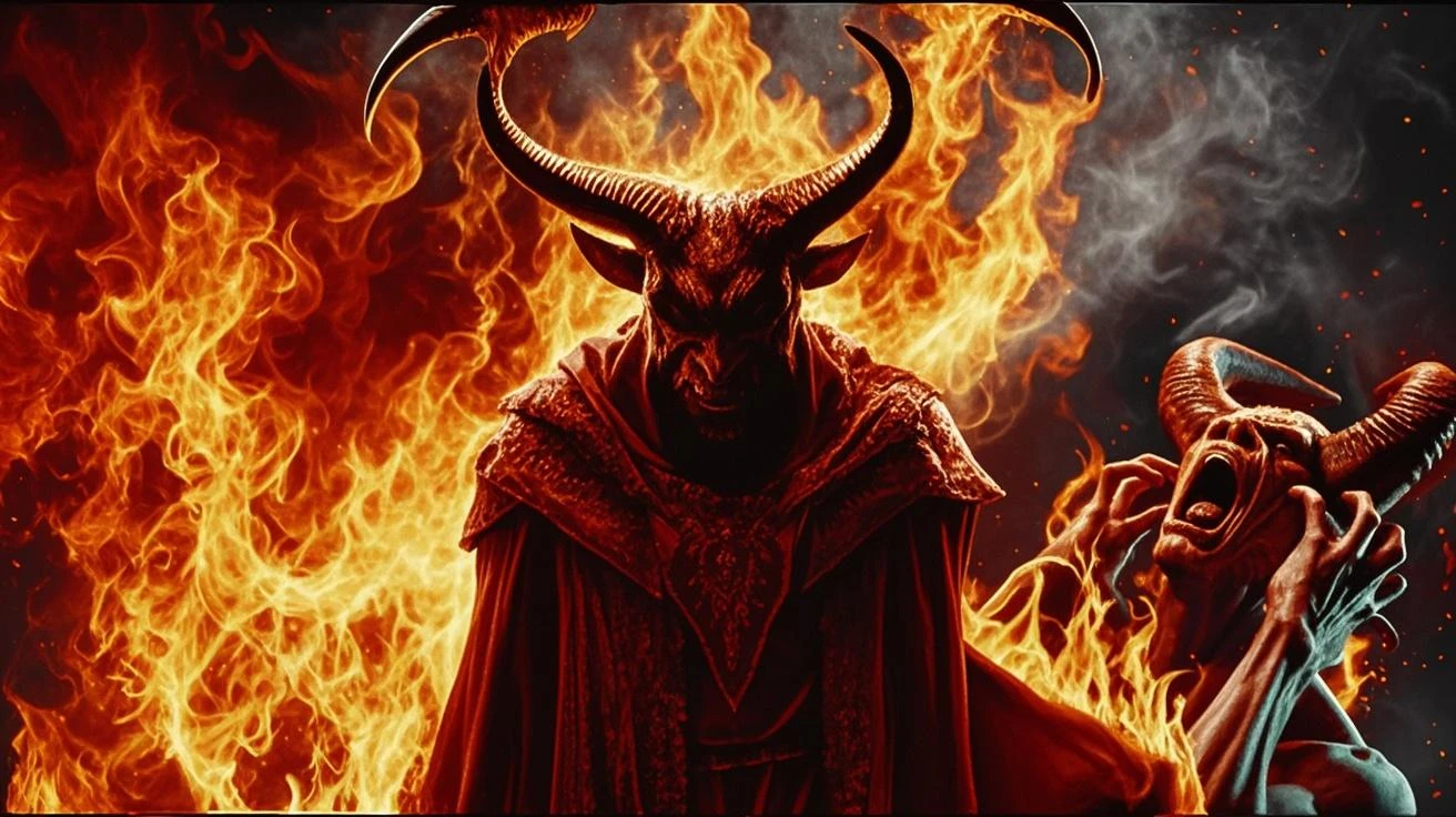 detailed drawing of demon with goat head and long pencil horns, Satanism context and dark rituals, highlight for the male body, sacrifice of a woman around a bonfire,detailed,death metal album cover, --auto