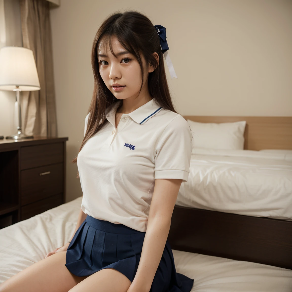 （8K，best qualtiy，tmasterpiece：1.2），（realisticlying，realisticlying：1.37），ultra detali，best qualtiy，超高分辨率，profesional lighting，photon maping，radiosity，physically-based renderingt，cinmatic lighting，depth of fields,rays of sunshine,well-composed,(Bokeh:1.2) 1girll,Solo,(full bodyesbian),(Keep your mouth shut),beautiful detailed eyes,a narrow waist,JK school uniform,black-hair,dishevelled hair,clothes are disheveled，lay on bed，Expression of grievance