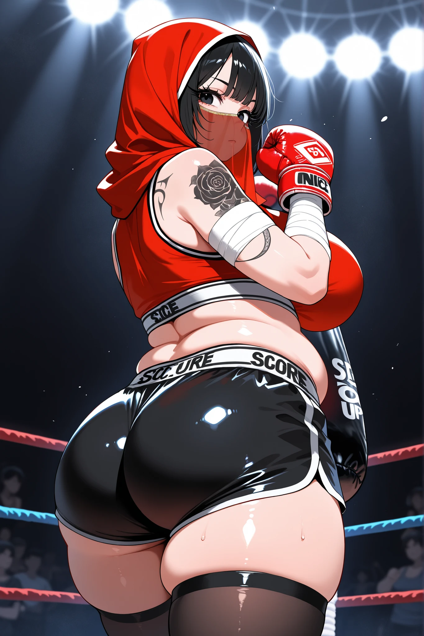 Score_9, Score_8_up, Score_7_up, solo girl, big natural breasts, nice rounded ass, chubby figure, body piercing, black eyes, silk hijab, face veil, white and red top, black legging shorts, mma gloves, bandages, shiny stocking, long eyelashes, make up, belly piercings, body tattoos, punishing a boxing bag, fighting ring, soft ambient lighting