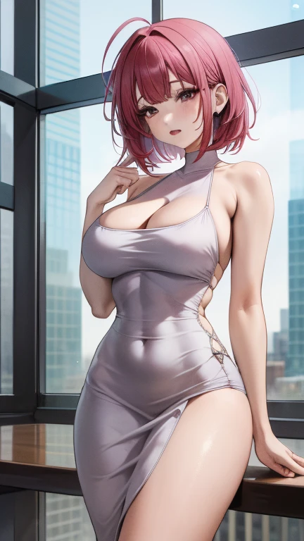 Purple short hair, plump youthful face, black police cap, red tie, purple tight low-cut dress, purple long gloves, black leather boots, strapless thighs, big breasts, blue eyes, confident expression, anime style, stone prison.