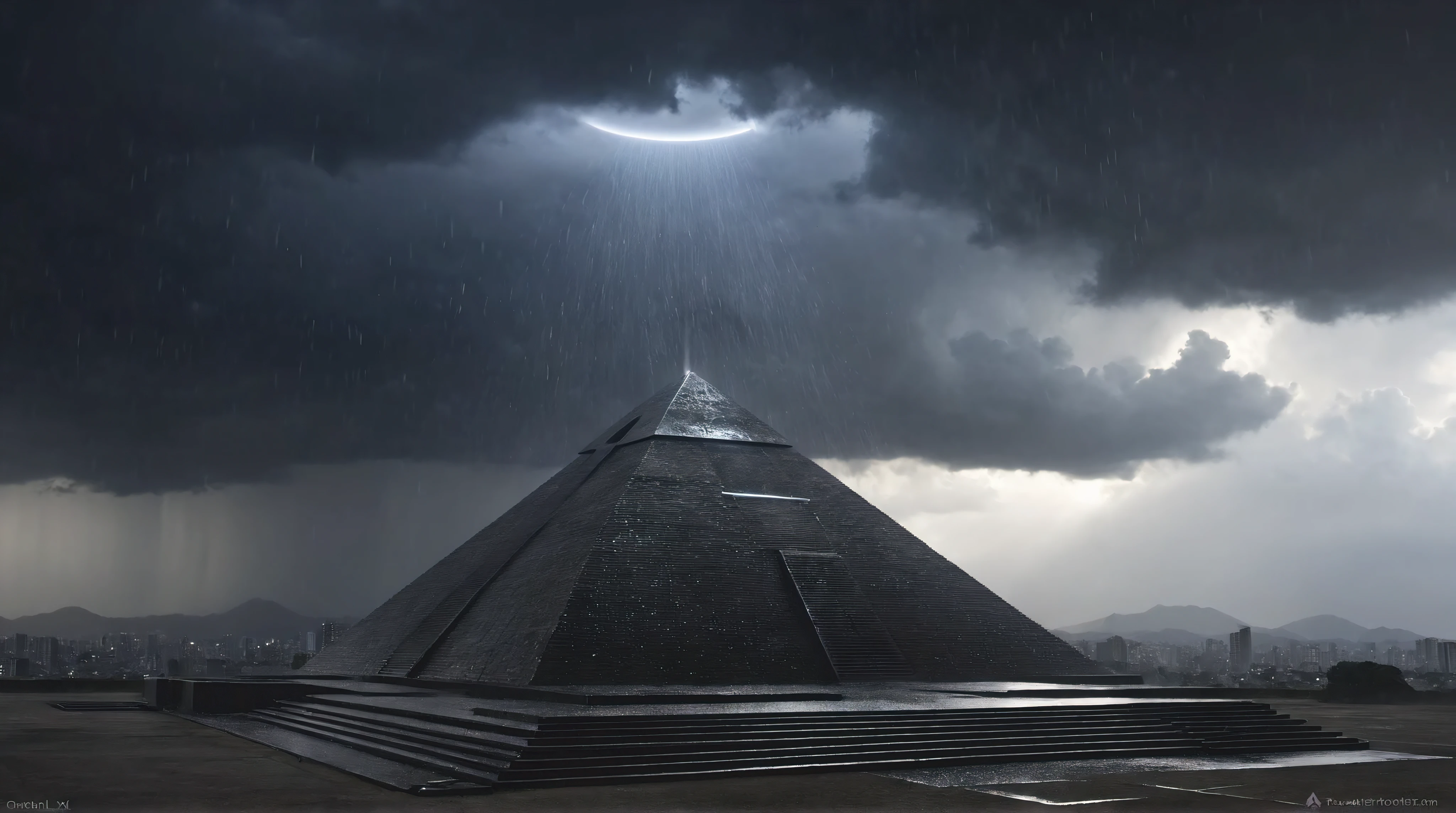 ( Highest Quality , masterpiece), ( dark sky, rain,  horizon ), realistic background, 嵐とrain空, Dark Theme of Clouds, Pyramid in the background, 文字 ' rain 'が出現,  horizon , Desolate Square, Dark and Gloomy Atmosphere, Thunder, Lonely atmosphere , Light Shining Through Clouds