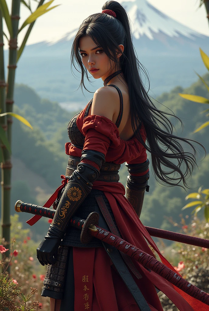 Lady Shogun, heavy muscles with katana, broader shoulders, muscular arms , extremamente musculoso, super heavy and extreme muscles. Korean lady, female, extremely pretty, super sexy, aged 50, Samurai Pearls 