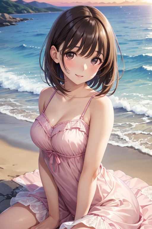 Maho Nishizumi, Pink Swimsuit,Pink Skirt, Semi-short hair,Brown Hair,Brown Eyes,Big Breasts, Smiling expression,blush, Seaside,Touching the left arm to the face,Wet clothing, Beautiful image quality,