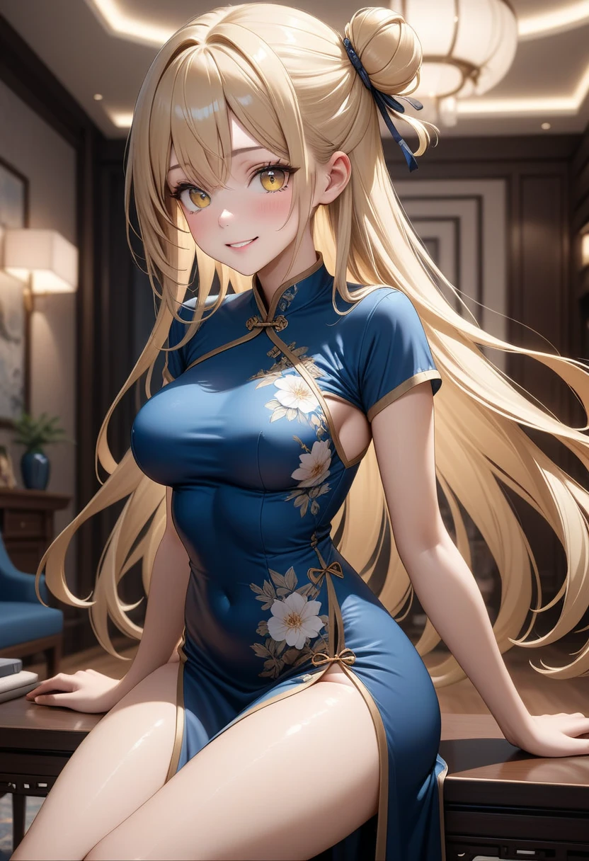Adult woman, longue blonde hair, The eyes are blue, fox ears and tail, Chinese dress, ssmile, blue lipstick, Masterpiece, hiquality